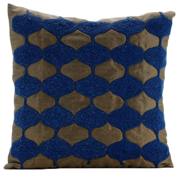 Beaded Lattice Trellis Blue Art Silk 16x16 Throw Pillow Cover, Living Blue Tops