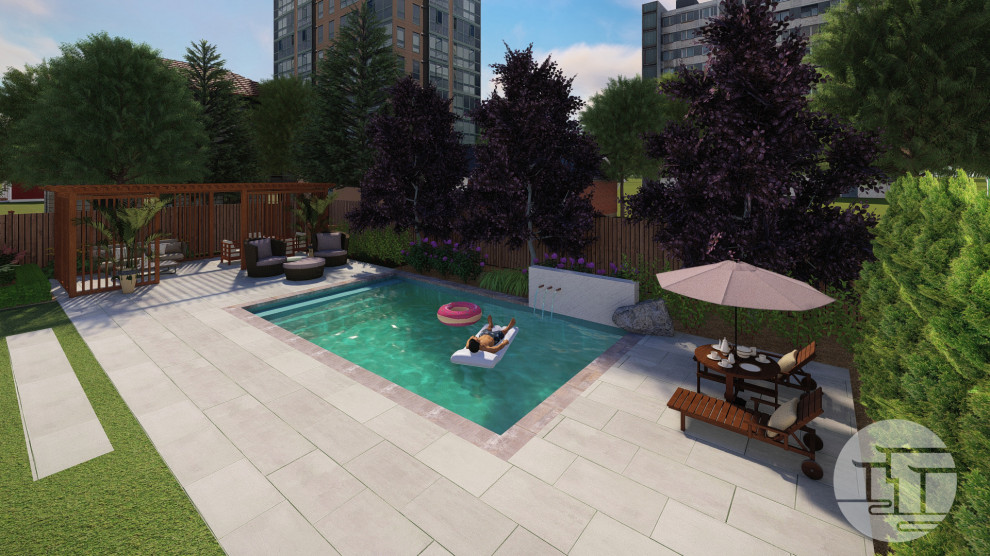 Design ideas for a large contemporary backyard rectangular pool in Toronto with with a pool and concrete pavers.