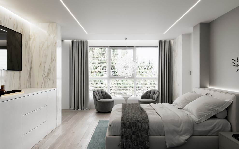 Ejemplo de habitación de invitados gris y blanca moderna de tamaño medio con paredes grises, suelo vinílico y suelo beige