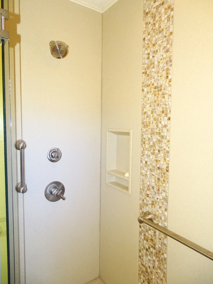 Example of a large transitional master beige tile and ceramic tile ceramic tile alcove shower design in Austin with onyx countertops