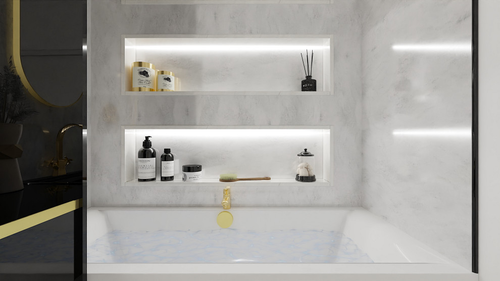 パリにある高級な小さなコンテンポラリースタイルのおしゃれな浴室 (グレーのキャビネット、グレーの壁、横長型シンク、珪岩の洗面台、グレーの床、黒い洗面カウンター、洗面台2つ) の写真