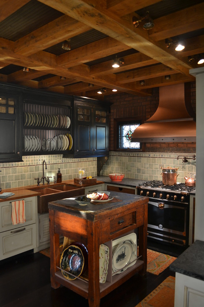 Mid-sized eclectic u-shaped enclosed kitchen photo in New York with a farmhouse sink, raised-panel cabinets, gray cabinets, wood countertops, gray backsplash, ceramic backsplash and an island