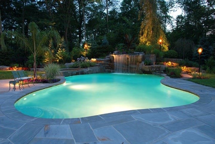This is an example of a mid-sized tropical backyard custom-shaped lap pool in Charlotte with a water feature and natural stone pavers.