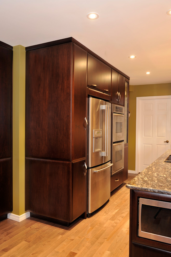 Kitchen - transitional dark wood floor kitchen idea in Toronto with a double-bowl sink, flat-panel cabinets, dark wood cabinets, granite countertops, mirror backsplash, stainless steel appliances and an island