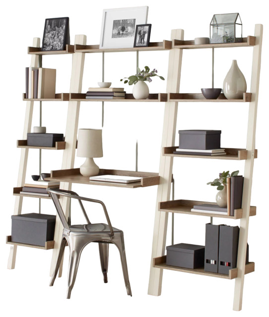 Modern Bookcase, Ladder Design With Multiple Open Shelves & Integrated