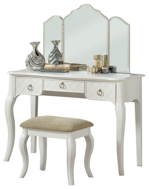 Tri Fold Mirror Vanity Table With Stool, Three Sided Mirror Vanity