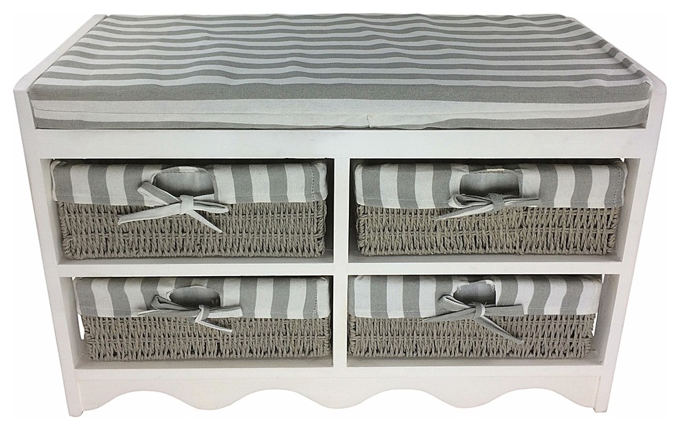 Storage Bench With 4 Baskets Wooden Storage Bench With 4 Baskets and Cushion - Rustic - Accent