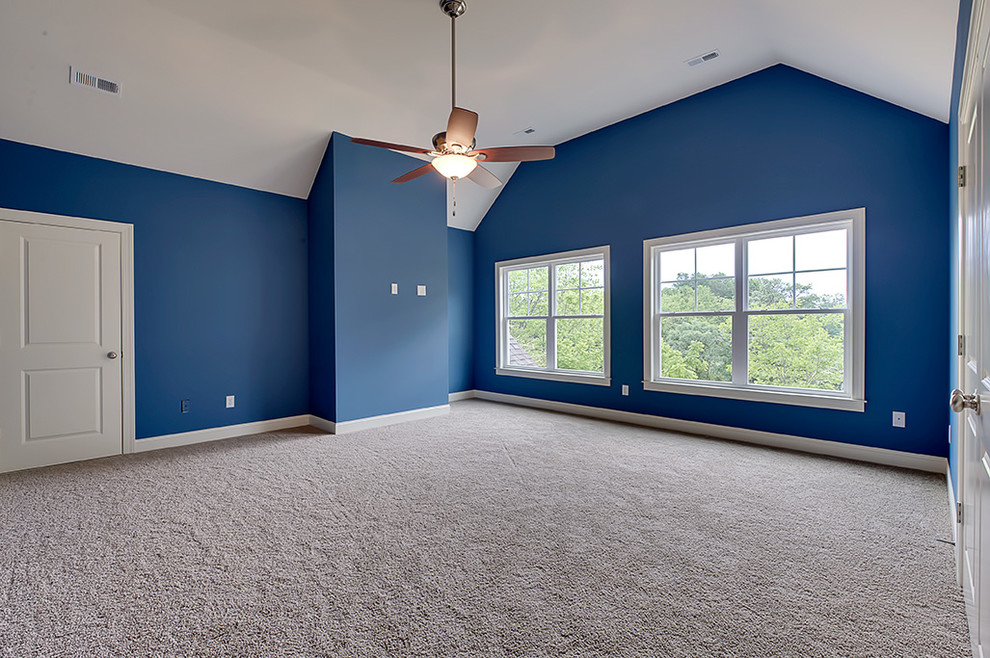 Bedroom - transitional carpeted bedroom idea with blue walls and no fireplace