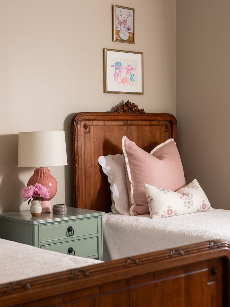 Waterfront Traditional Home - Example of a bedroom and mid-sized classic girl carpeted and beige floor kids' bedroom design in Indianapolis with beige walls
