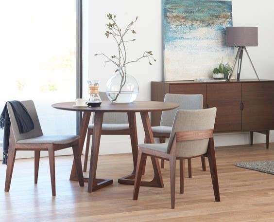 Design ideas for a mid-sized scandinavian dining room in Portland with white walls, light hardwood floors, no fireplace and brown floor.