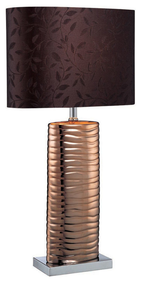 Table Lamp, Copper Ceramic/Chrome/Brown Fabric, E27 CFL 13W