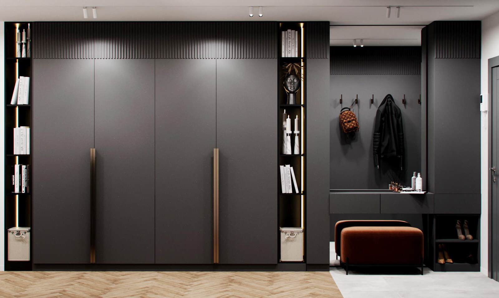 Cовременная квартира, дизайн интерьера в светло-темных тонах в ЖК "Георг Ландрин