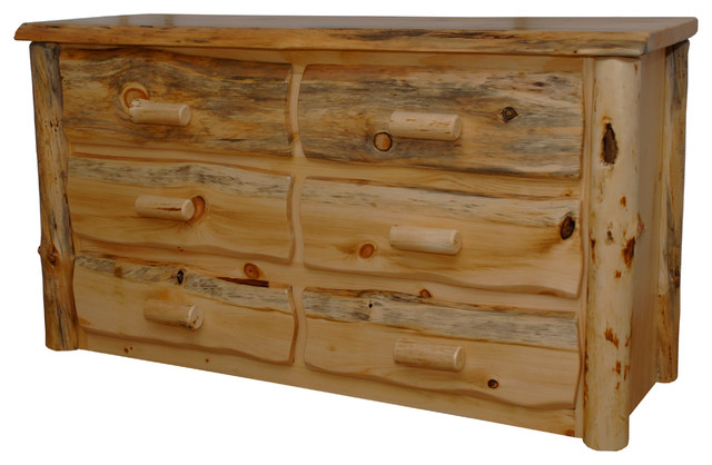 Rustic Pine Log Live Edge 6 Drawer Dresser Clear Varnish Rustic