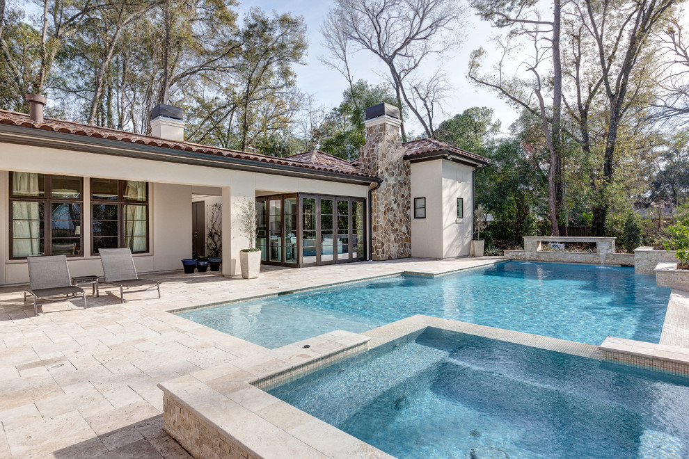 Mediterranean custom-shaped pool in Houston.