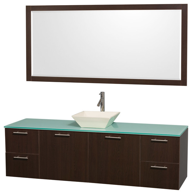 Amare 72" Espresso Single Sink Vanity Set With Green Glass Top and 70" Mirror