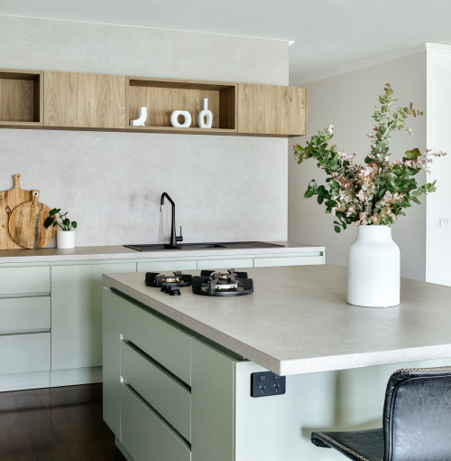 Modern Fusion: Two-Tone Wood and Light Gray Cabinets with Concrete Look Countertop Backsplash Inspirations