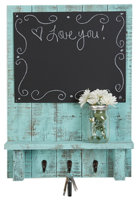 Rustic Message Center With Chalkboard Shelf And 3 Hooks Rustic Message Center With Chalkboard Shelf And 3 Hooks Turquoise
