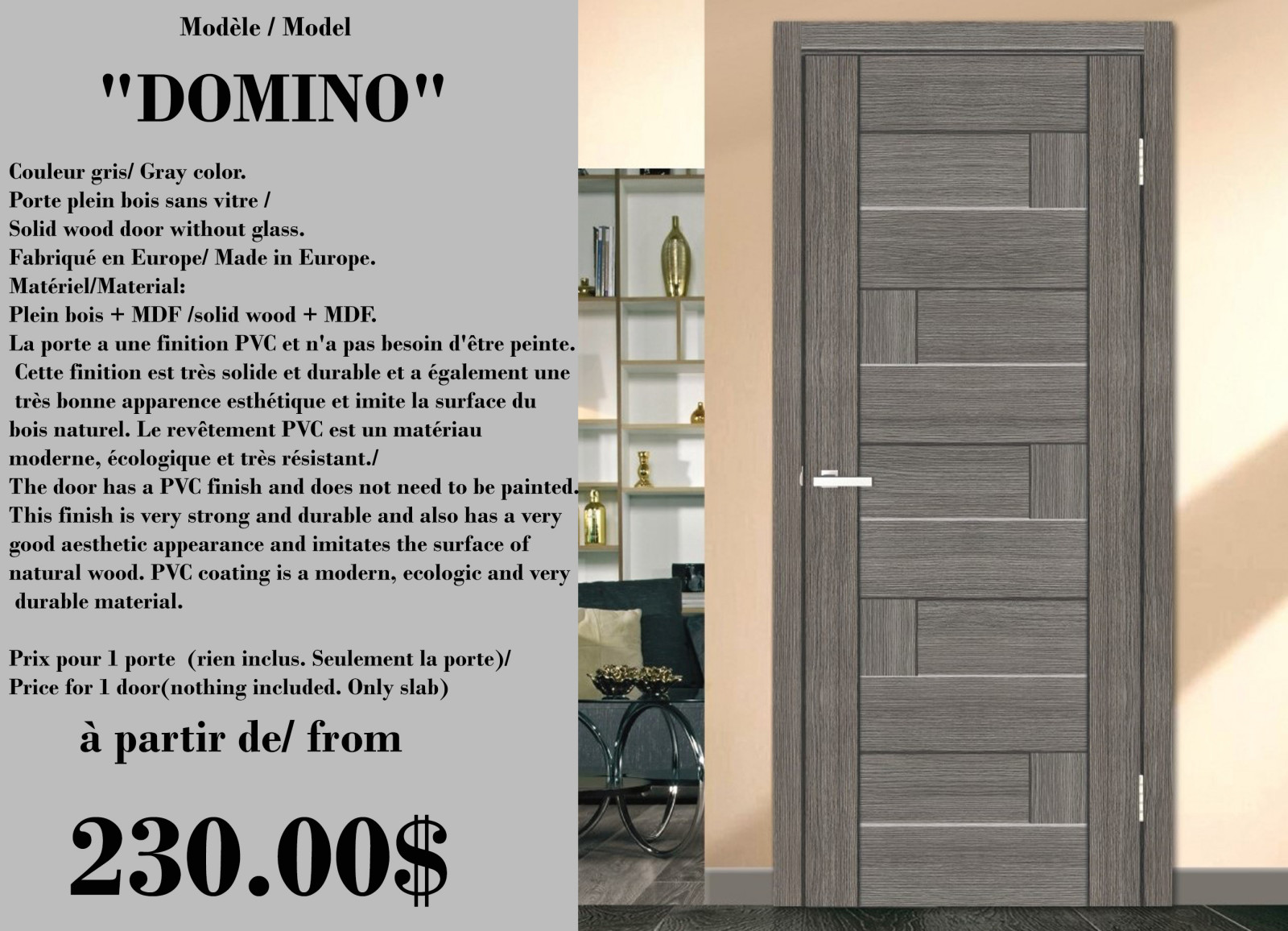 Interior door "DOMINO'', gray, with. glasses, 30"x 80"