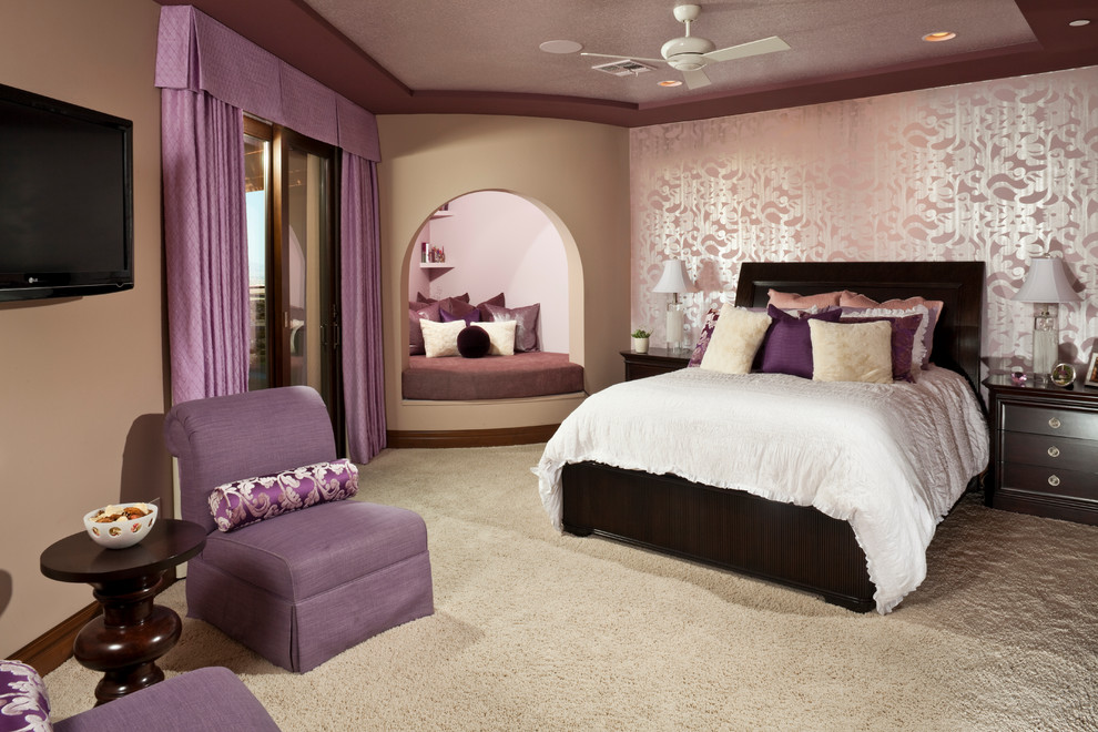 Mid-sized traditional kids' room in Las Vegas with carpet and multi-coloured walls for girls.