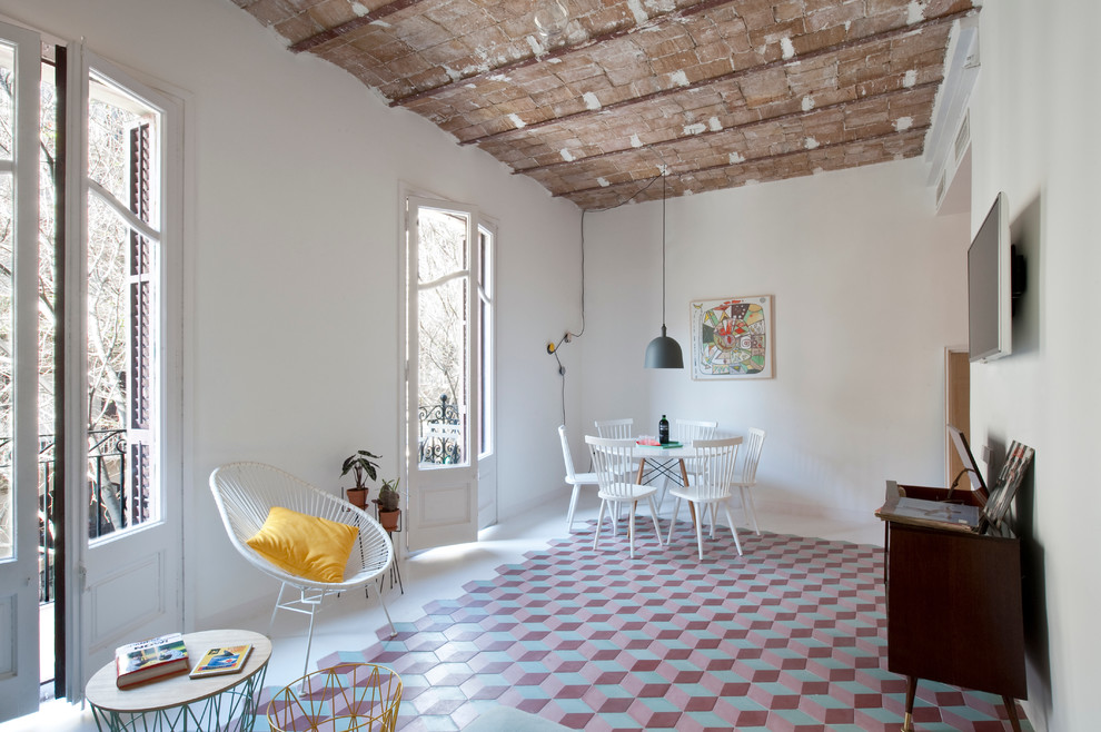 Design ideas for a mid-sized contemporary separate dining room in Barcelona with white walls, ceramic floors and no fireplace.