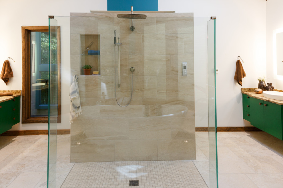 Mid-sized contemporary master bathroom in Philadelphia with flat-panel cabinets, green cabinets, a freestanding tub, a curbless shower, a two-piece toilet, beige walls, travertine floors, a vessel sink, granite benchtops, beige floor and an open shower.