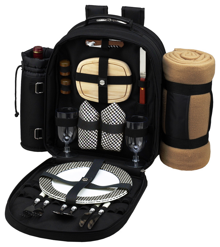 Deluxe Equipped 2 Person Picnic Backpack With Blanket, Classic Black