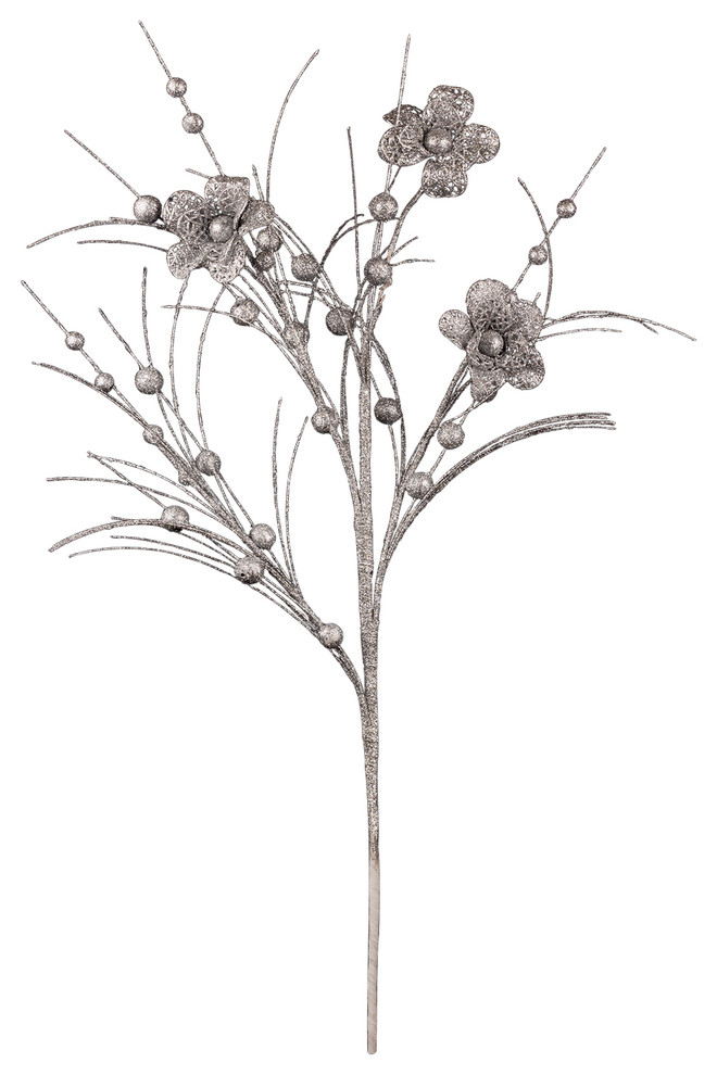 37" Silver Glitter Flower Spray Contemporary Artificial Flower Arrangements by Queens of