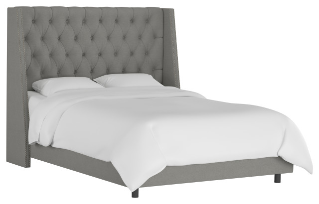 Williams Twin Nail Button Wingback Bed, Linen Gray