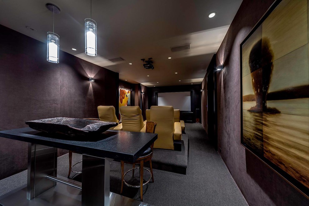 Design ideas for a small modern enclosed home theatre in Calgary with purple walls, carpet and a projector screen.