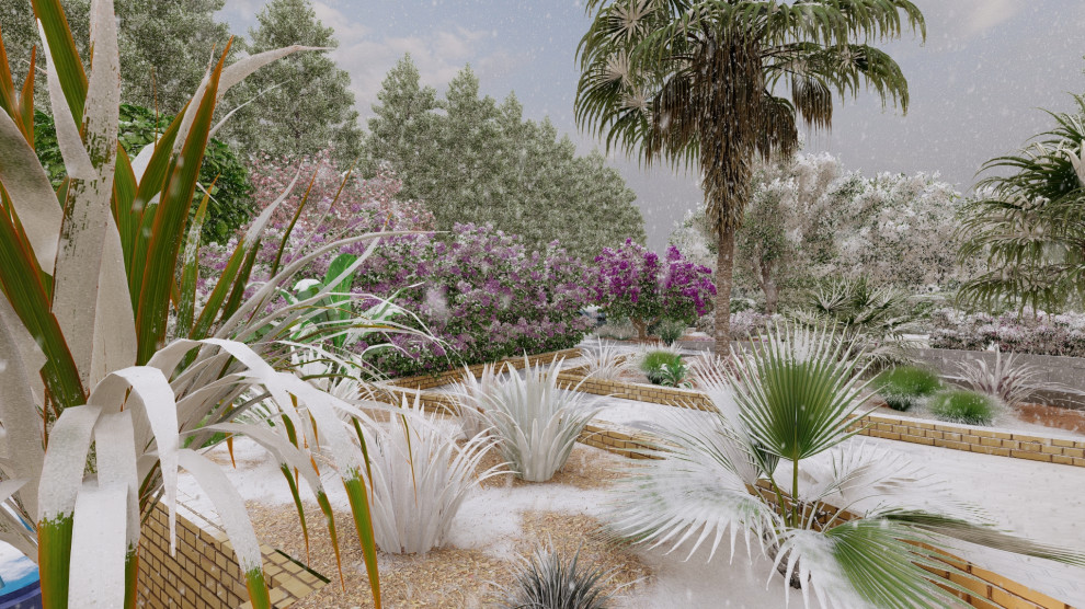 Diseño de jardín campestre grande en verano en ladera con exposición parcial al sol y entablado
