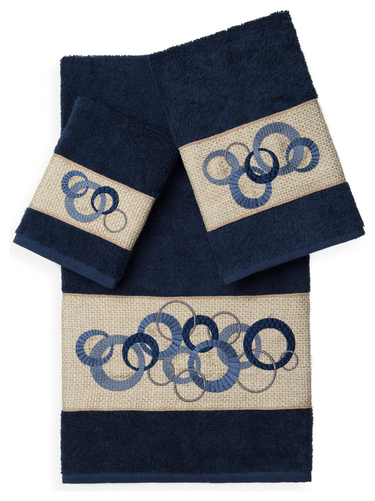 Linum Home Textiles Annabelle 3-Piece Embellished Towel Set, Midnight Blue