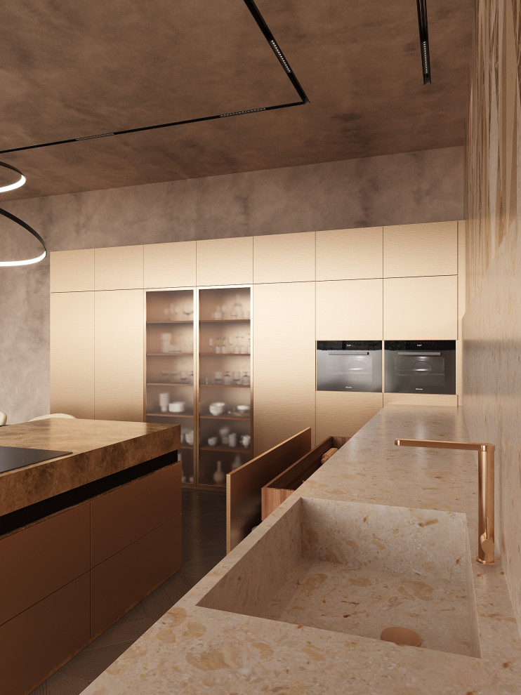Idées déco pour une cuisine ouverte moderne en L et inox avec un évier intégré, un placard à porte affleurante, un plan de travail en terrazzo, un sol en bois brun, îlot, un sol marron et un plan de travail beige.