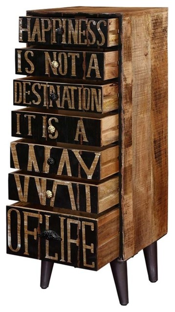 Happiness Quote Mango Wood Iron Standing 7 Drawer Accent Tall
