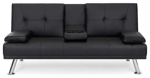 Modern Entertainment Futon Sofa Bed, Black Leather Futon Sofa Bed