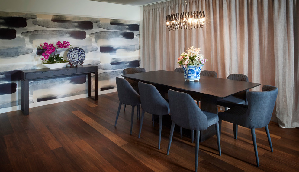 Mid-sized transitional kitchen/dining combo in Auckland with medium hardwood floors and blue walls.