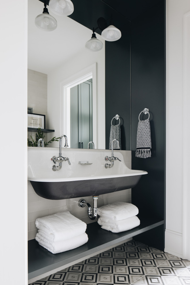 ASC Margaritaville - Large transitional kids' multicolored floor and double-sink bathroom photo in Chicago with black walls and a wall-mount sink