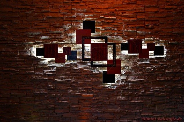 Wanddekoration beleuchtet auf Paneelenwand Skulptur mit Licht in Szene gesetzt - Mediterran - Wohnbereich - Bremen - von Rimini Baustoffe GmbH