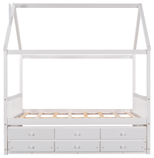 Gewnee Wood Full House Bed with Trundle and 3 Storage Drawers in White