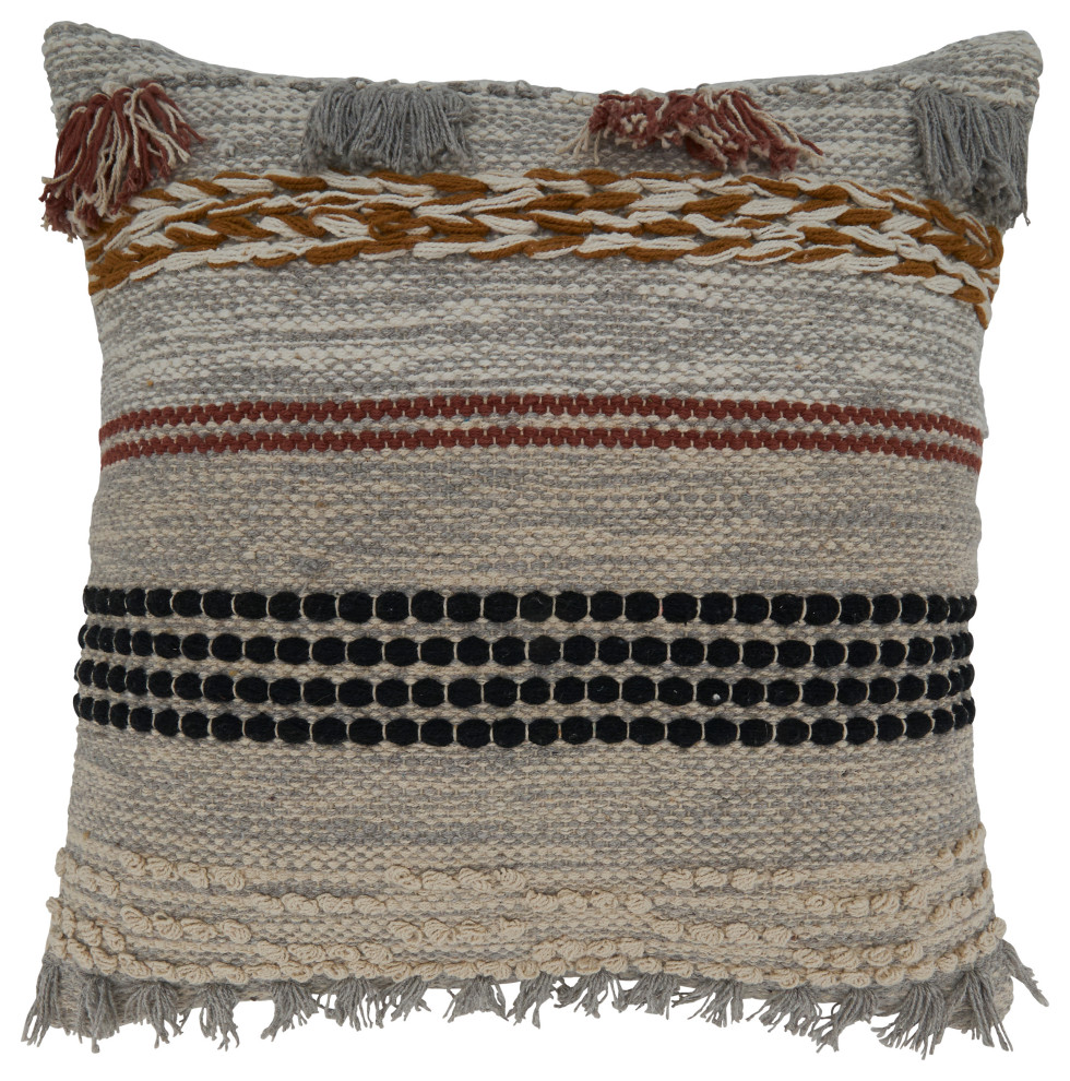 Throw Pillow With Fringe Woven Design, 20" Contemporary Decorative