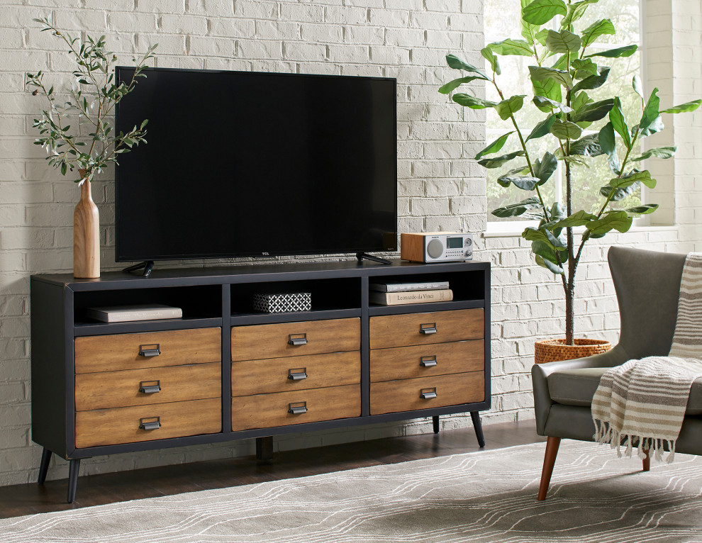 MidCentury 70" TV Console, Entertainment Stand, Fully Assembled, Black Contemporary