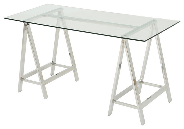 Gdf Studio Makhi Glam Tempered Glass Desk Clear Silver