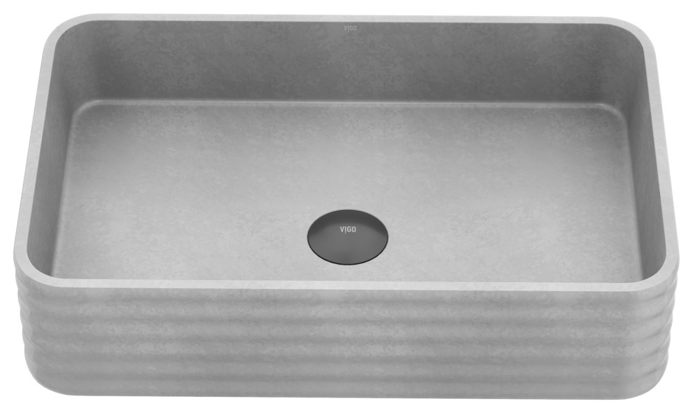 VIGO Cadman Modern Gray Concreto Stone Rectangular Fluted Vessel Sink