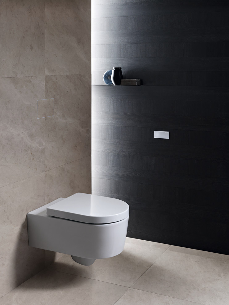 This is an example of a small modern bathroom in Chicago with a wall-mount toilet and black walls.
