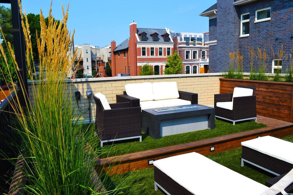 Mid-sized trendy rooftop deck photo in Chicago with a fire pit and no cover