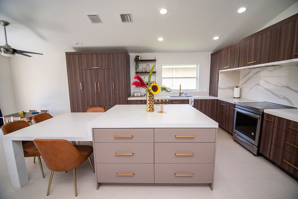 This is an example of a mid-sized contemporary l-shaped open plan kitchen in Miami with an undermount sink, flat-panel cabinets, brown cabinets, quartz benchtops, multi-coloured splashback, stainless steel appliances, porcelain floors, with island, beige floor and multi-coloured benchtop.