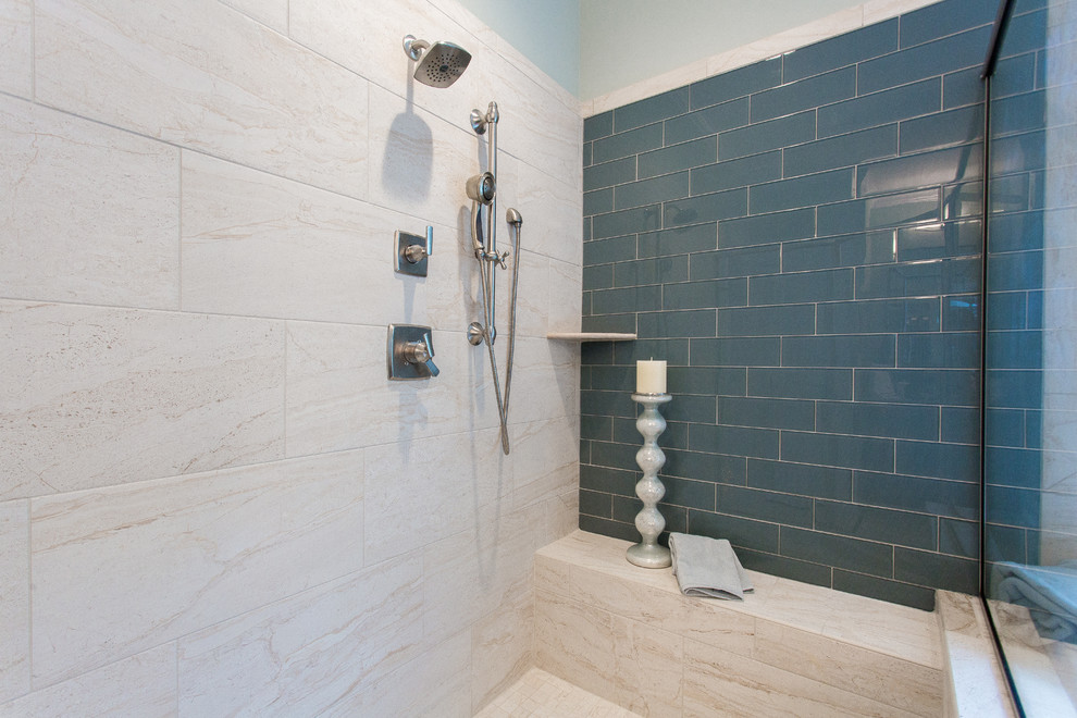 Photo of a large arts and crafts master bathroom in Richmond with recessed-panel cabinets, dark wood cabinets, granite benchtops, a drop-in tub, green walls, a corner shower, black and white tile, gray tile, stone slab, ceramic floors and an undermount sink.