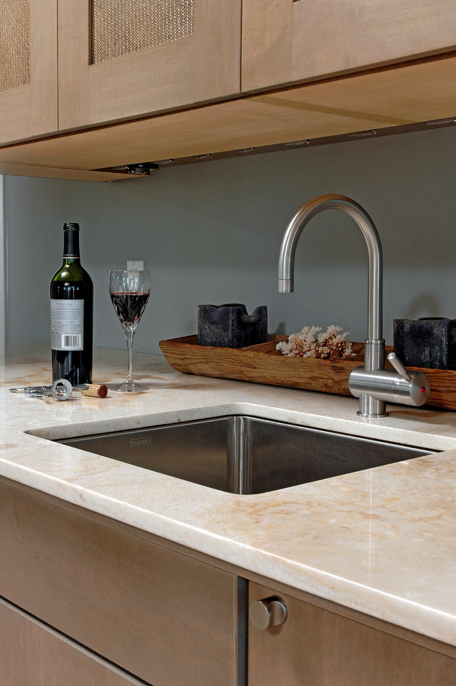 Eat-in kitchen - large transitional l-shaped linoleum floor eat-in kitchen idea in DC Metro with an undermount sink, mosaic tile backsplash, an island, shaker cabinets, dark wood cabinets, wood countertops, multicolored backsplash and stainless steel appliances