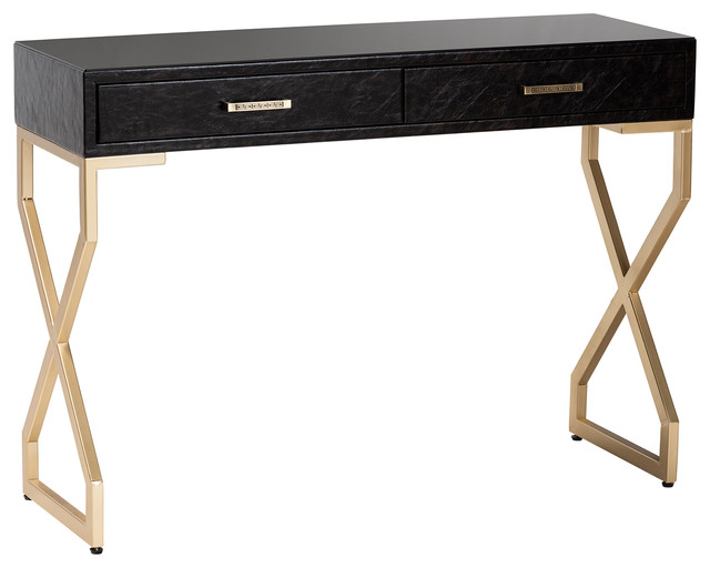 Charmaine Dark Brown Faux Leather Gold Finished 2-Drawer Console Table
