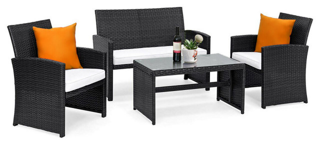 Costway 4 Pcs Outdoor Rattan Wicker Furniure Set Coffee Table W Black Cushions Tropical Outdoor Lounge Sets By Goplus Corp