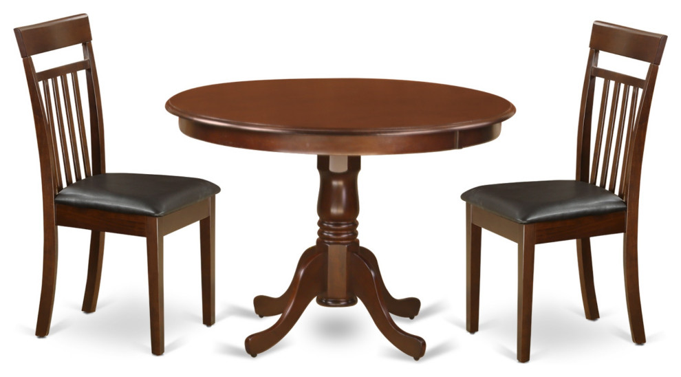 3Piece Set, A Round Kitchen Table, 2 Leather Kitchen Chairs, Mahogany
